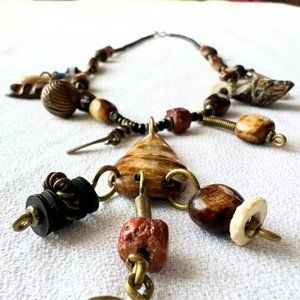 Vintage Handmade Brass, Bead, and Shell Necklace